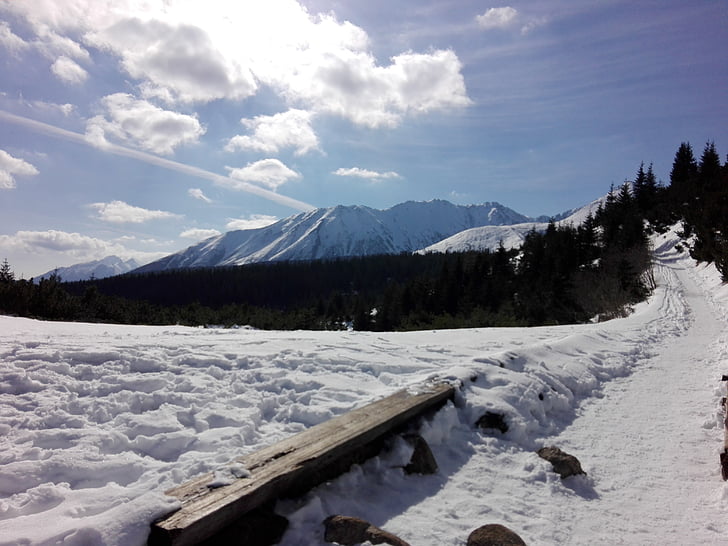 vuoret, Tatry, näkymä, talvi, maisema, Trail, pilvet