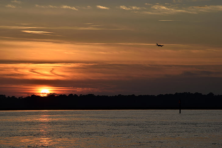 Sunset, orange himmel, landskab, natur, flyvemaskine, floden, vand