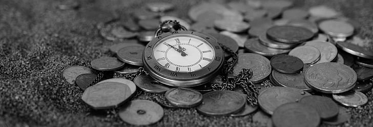 antique, black-and-white, clock, coins, money, sand, time