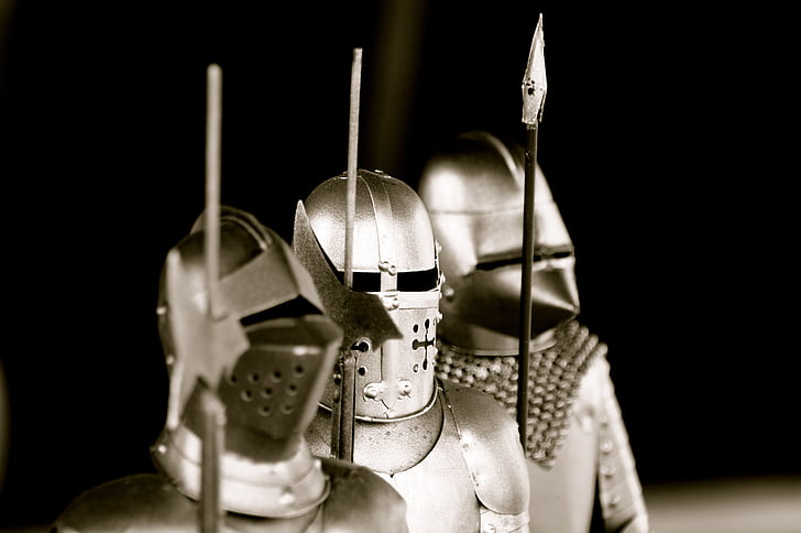 knight, armor, weapons, metal, silver, three, spear