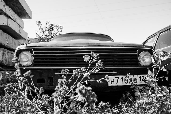 black and white, auto, car, old, radiator