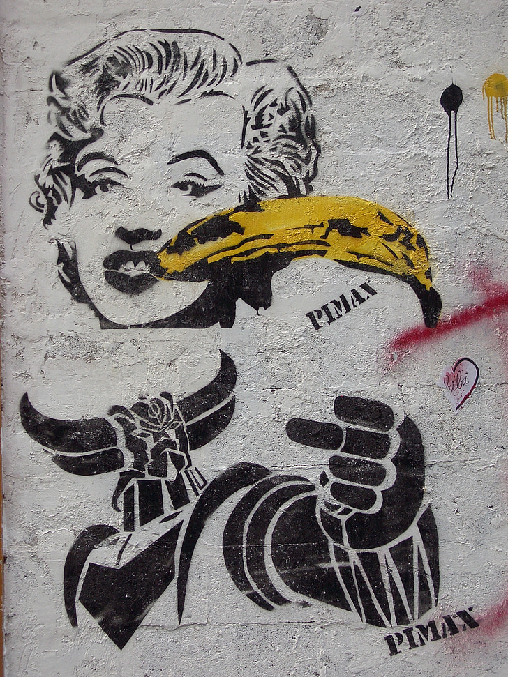 Graffiti, art de la rue, urbain, peinture, mur, grunge, Marylin monroe
