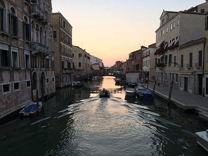 Venècia, canal, bota, telecabina, cases, Afterglow, Itàlia