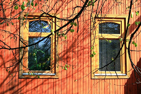 Windows, două, sticlă, panouri, reflecţie, clădire, lemn