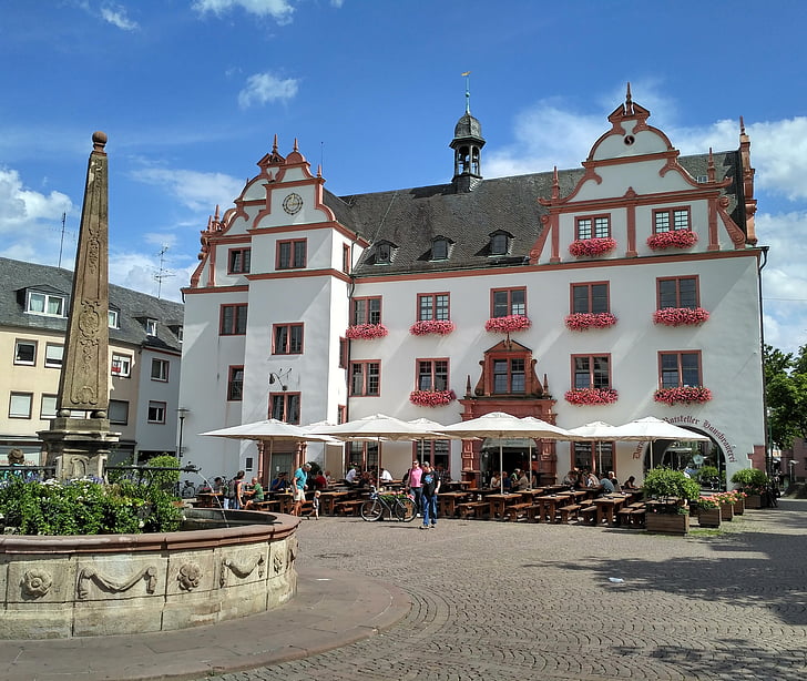Darmstadt, Hesse, Njemačka, Stara gradska vijećnica, Gradska vijećnica, tržnica, cvijeće