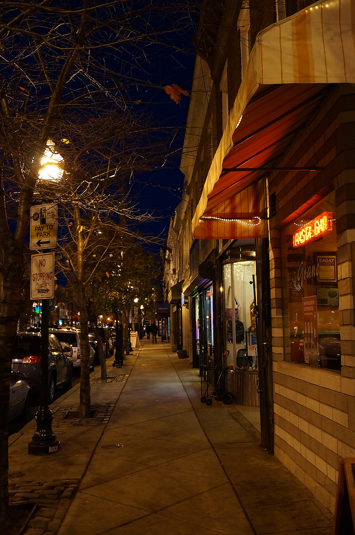 city, sidewalk, downtown, shops, storefronts, late, night