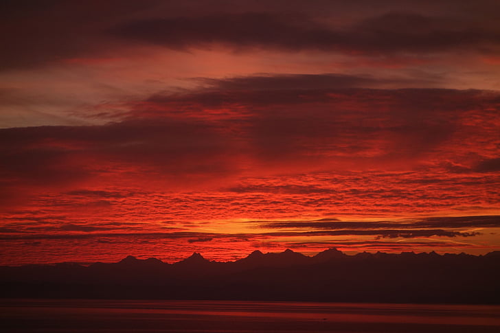debesys, Alpės, ežeras, ryte, dangus, raudona, Neuchatel