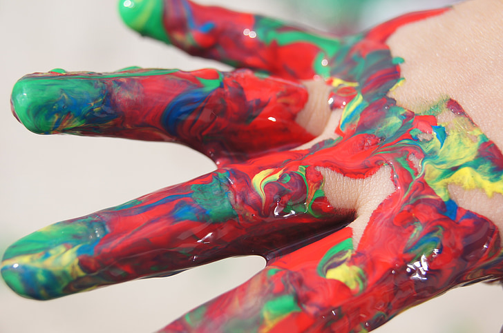 ręka, kolory, kolorowe, malarstwo, palce, gra, wielo kolorowe
