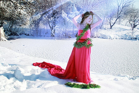 Pige, sne, kjole, rød, vinter, prinsesse, blondine