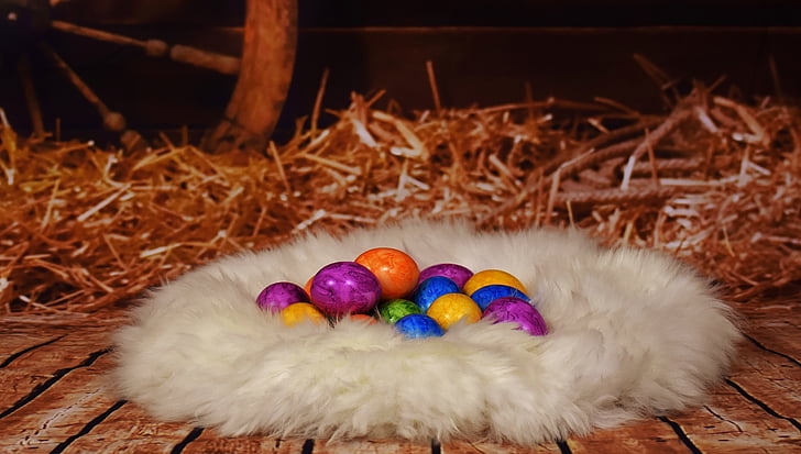 påske, farverige æg, stall, hø, lammeskind, God påske