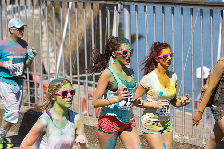 three, woman, running, body, paint, daytime, color run
