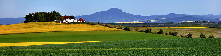 landscape, rapeseed, czech republic, mountains, house, spring, fields