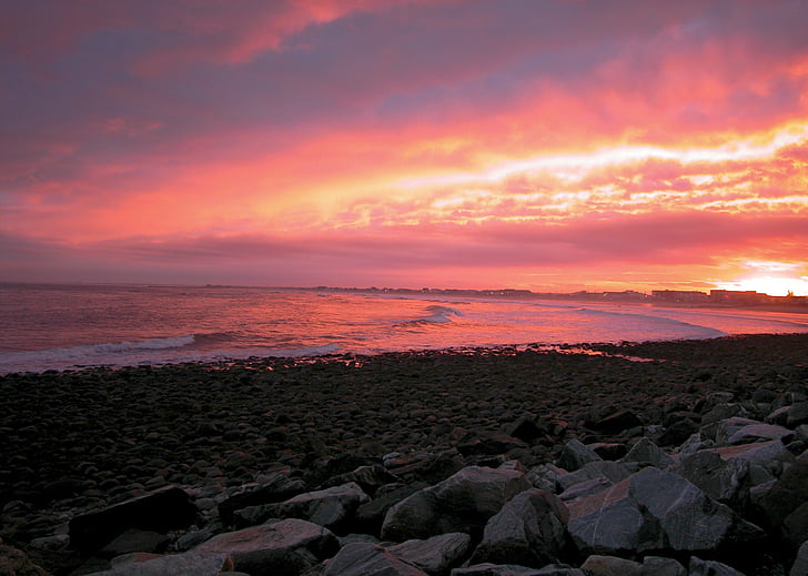 Ocean, západ slnka, NH, USA, more, Beach, Príroda