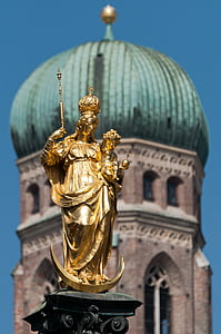 Miunchenas, Miuncheno Dievo Motinos bažnyčia, Marienplatz aikštė, statula, Bavarija, rotušė, svogūnų kupolai