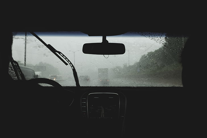Foto, bil, panel, vind, skjold, regnfulde, dag