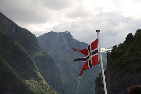 norway, the national flag, fjord, mountain, woods