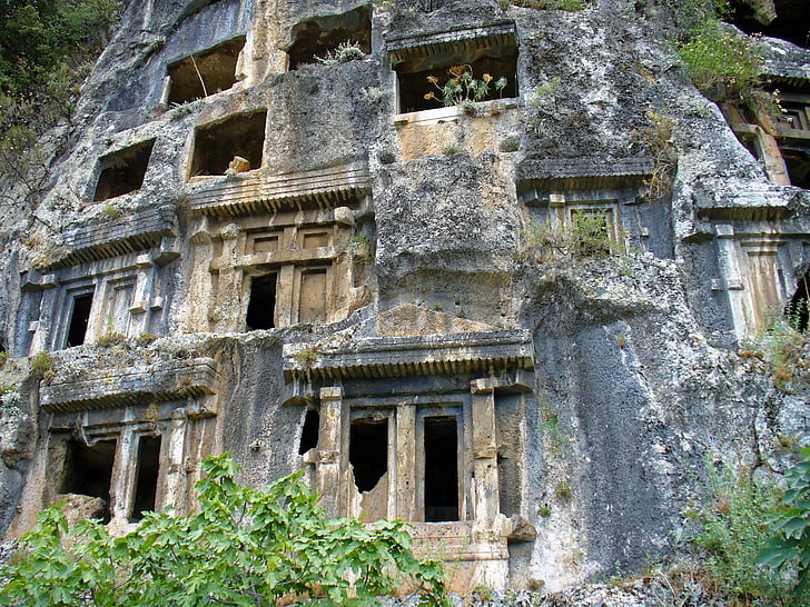 oude, ruïnes, steen, Turkije, grotten, Carving, Cliff gezicht gebouw