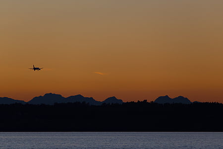 silhouet, vliegtuig, berg, zonsondergang, schemering, hemel, Bergen