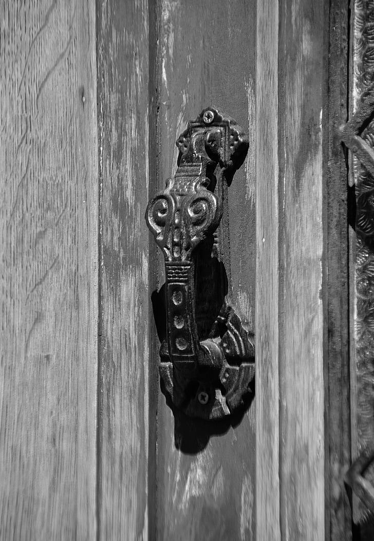 knocker, door, black and white, threshold, metal, city, wrought iron