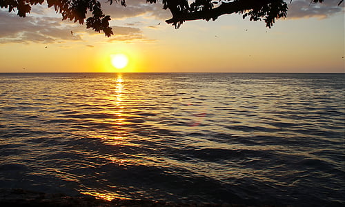 sunset, green flash, evening, tropical, sea, shore, orange