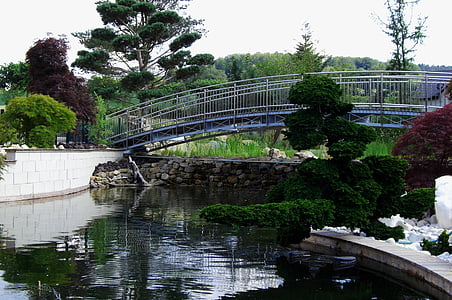 bridge, pond, nature, green, water, trees, garden