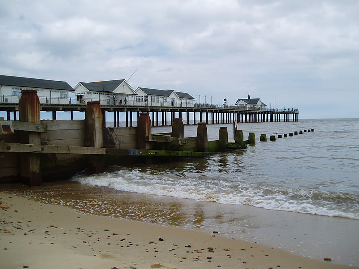 Suffolk, morje, pesek, pomol, valovi, ob morju, struktura