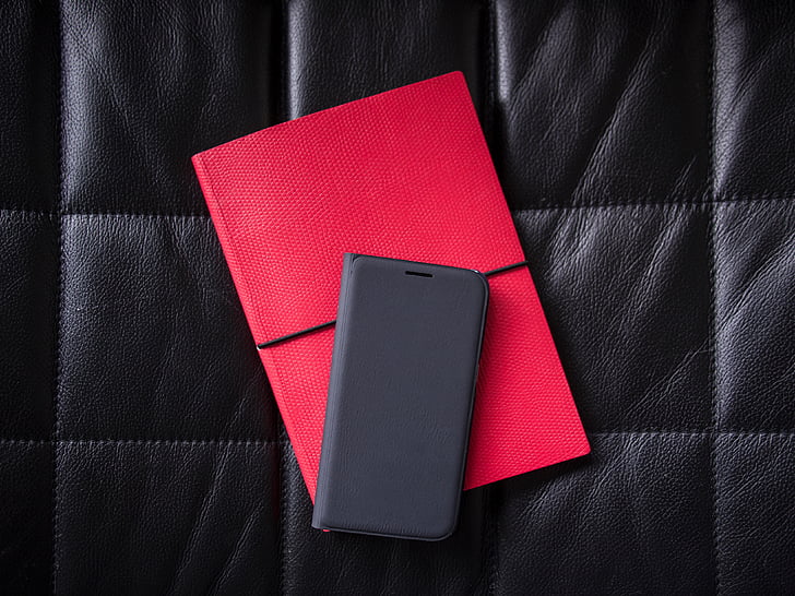black, leather, phone, case, notebook, red, diary