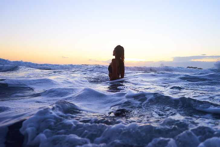 жінка, хвиляста, тіло, води, море, океан, хвилі