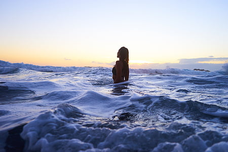 kvinne, bølget, kroppen, vann, sjøen, hav, bølger