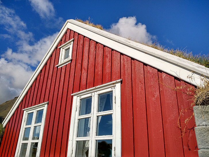 dovolená, Island, Skandinávie, červená, stodola, staré, modrá