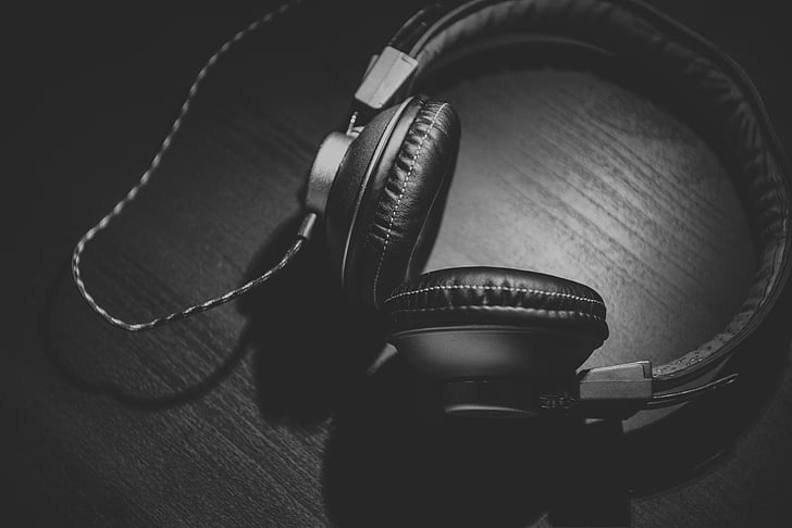 grayscale, photo, corded, headphone, wooden, surface, music