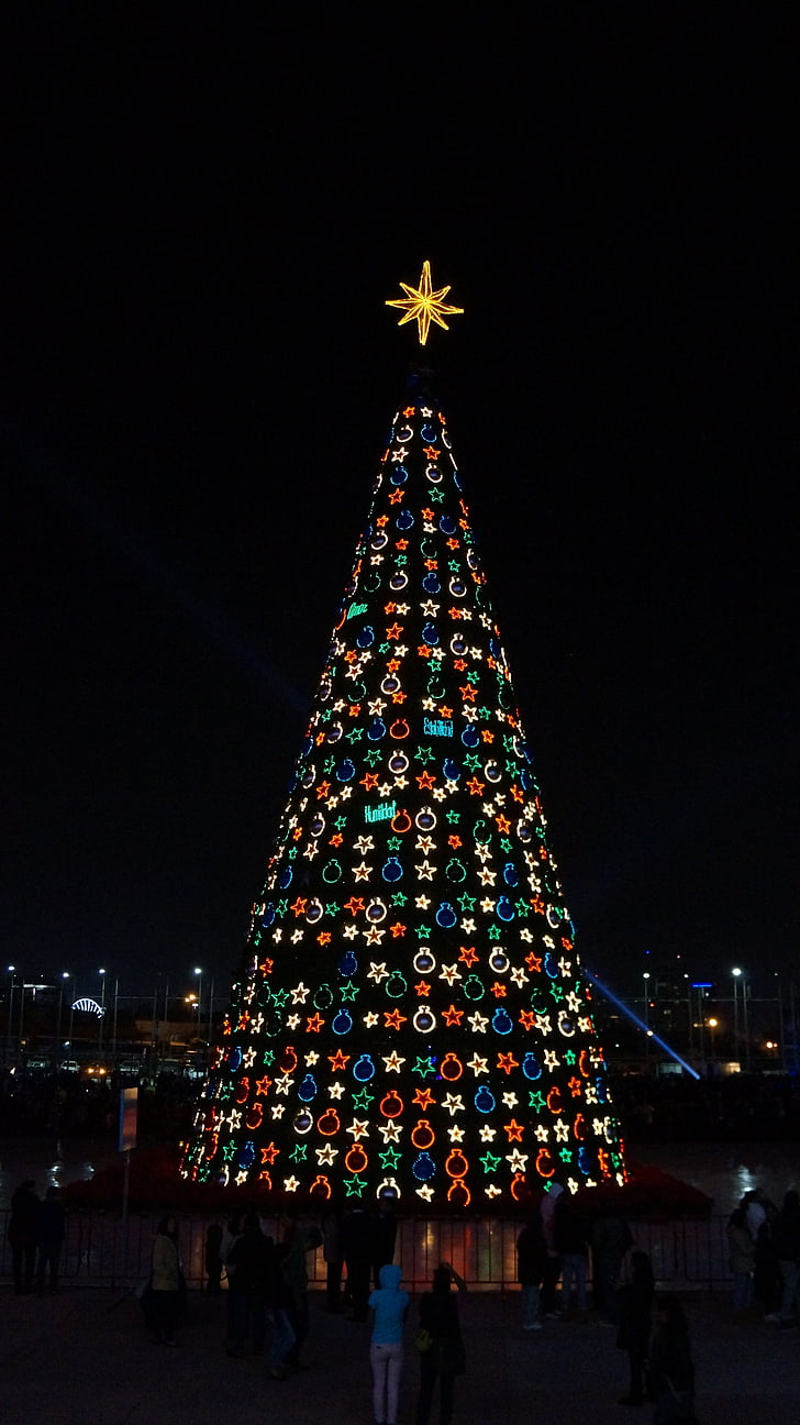 christmas, tree, lights, star, night, celebration, illuminated