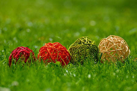 bola, dekorasi, kayu, warna-warni, padang rumput