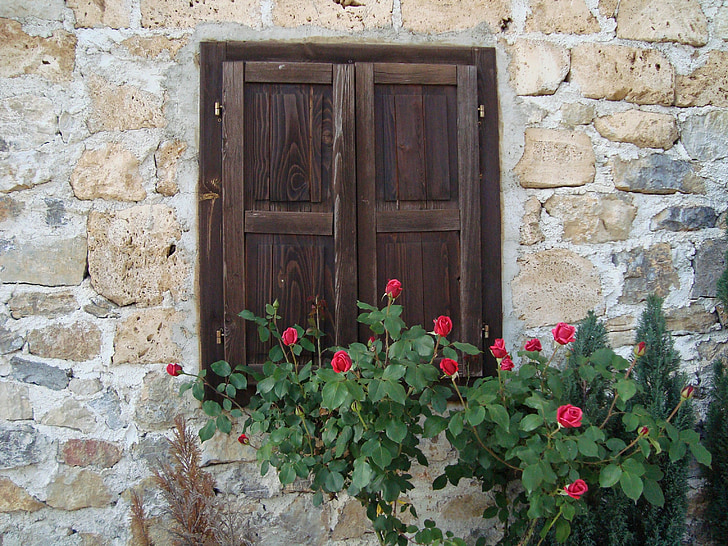 стена, окно, розы, Вуд - материал, двери, Архитектура, Старый
