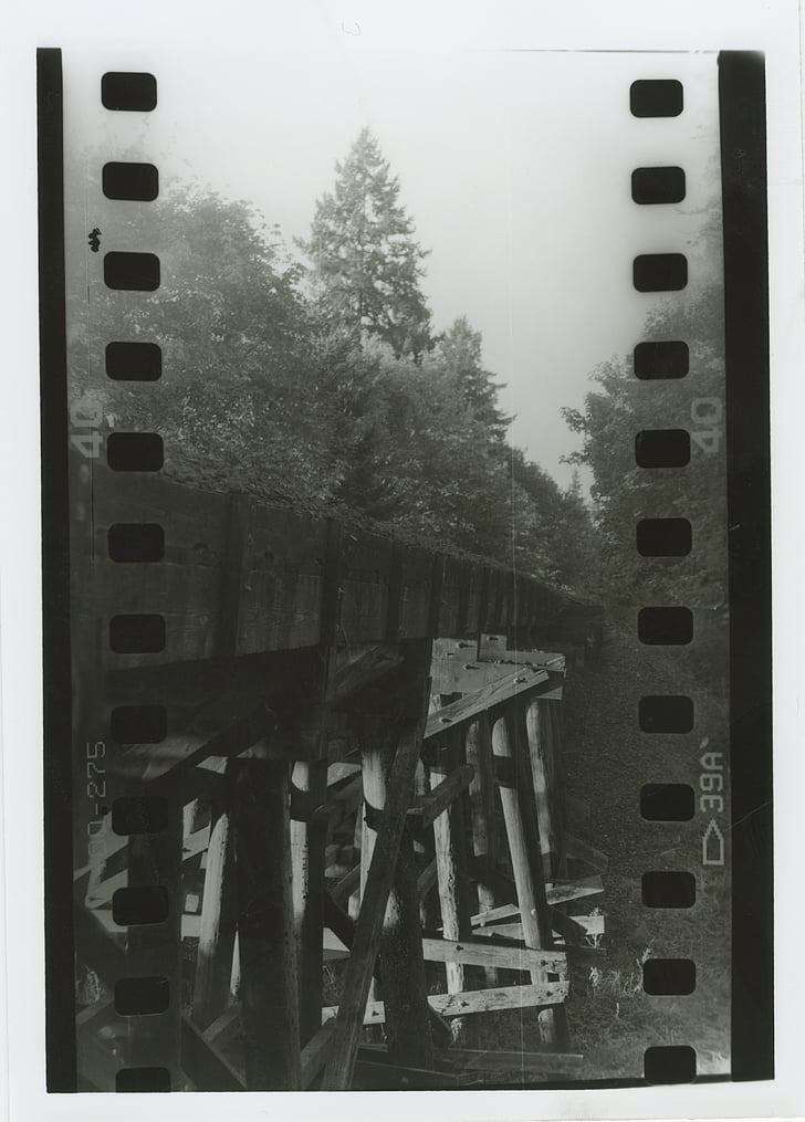 film, vintage, railroad, tracks, b w, train, trestle