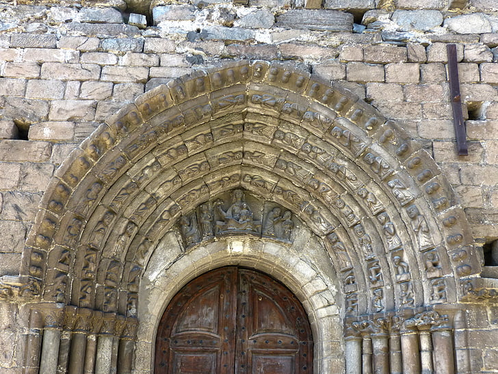 cerkev, portalada, bobnič, Devica, Tredós, regiji Val d'aran, romanski