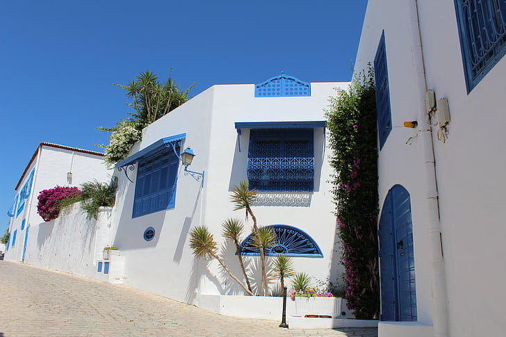チュニジア, 市, 観光, 気前よく, 青 - 白, ストリート, 美しい