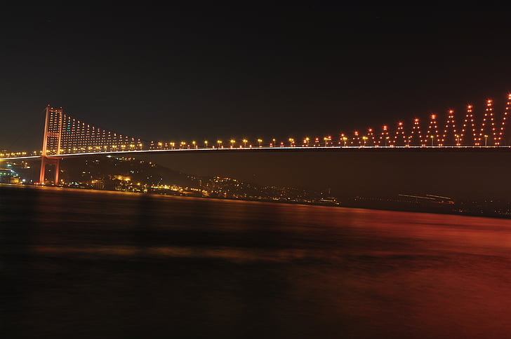 Boszporusz-híd, híd, éjszaka, fények, város, utca-és városrészlet, éjszakai fény