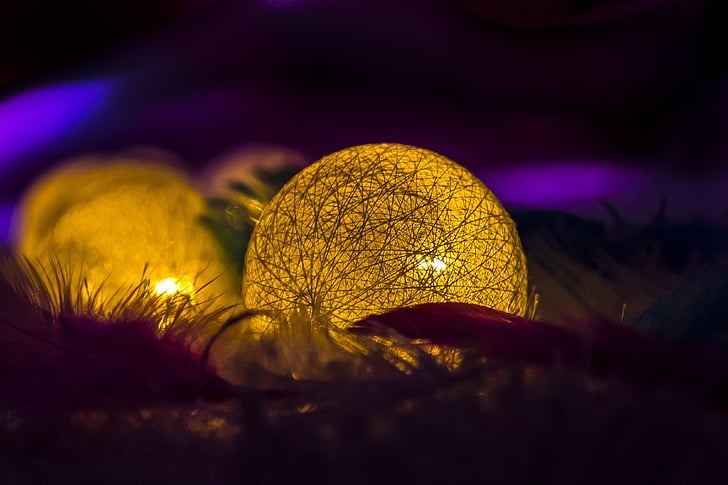 balls, feather, color, lights, dark, gold colored, illuminated