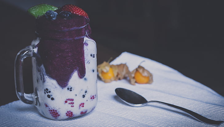 raspberry, blackberry, cream, glass, jar, beside, stainless
