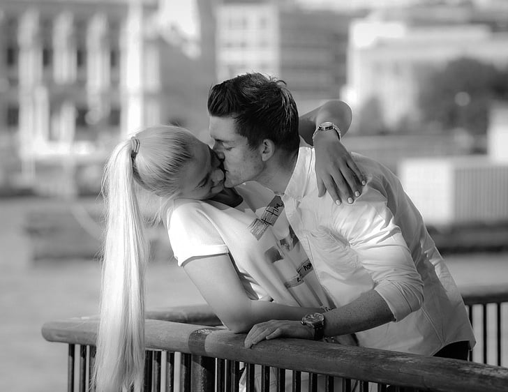 man, kissing, woman, grayscale, photography, people, couple