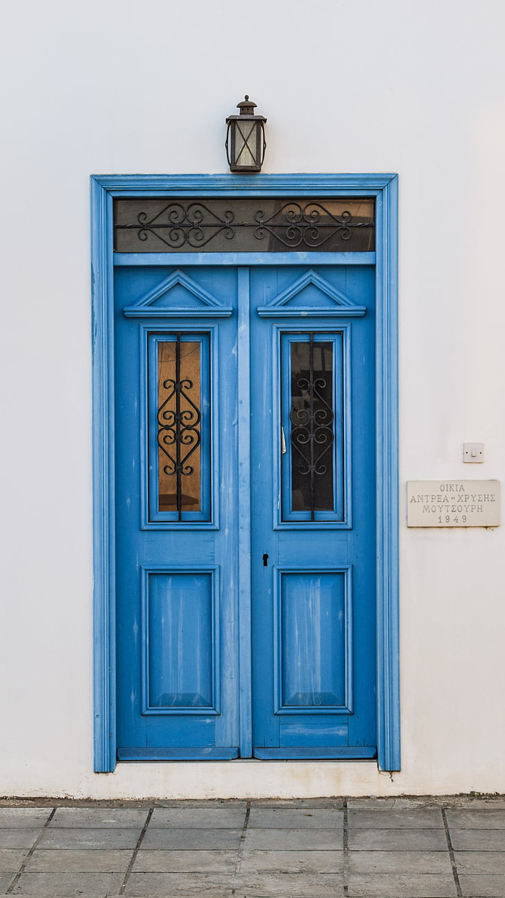 porta, fusta, blau, entrada, blanc, paret, casa
