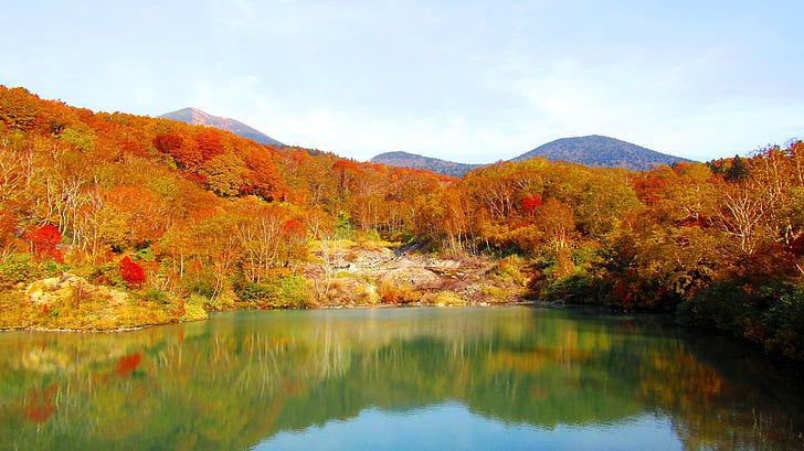 automne, Sky, feuilles automnales, Nuage, paysage, Lac, chute du Japon