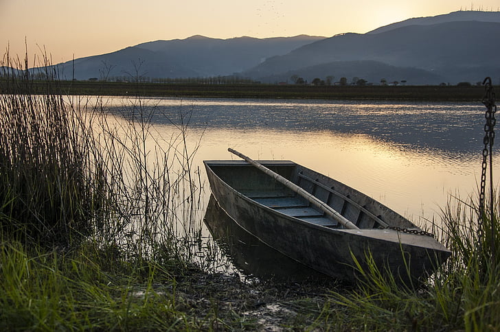 posta de sol, vaixell, Reflexions, Llac, l'aigua, verd, herba