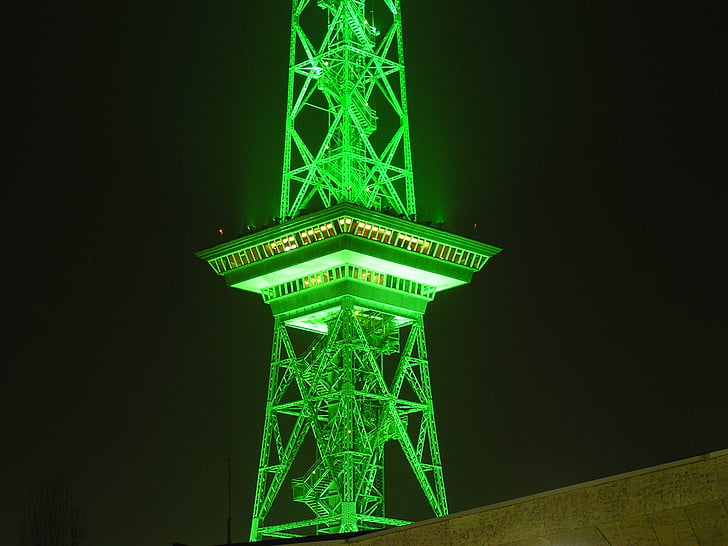 radio tower, berlin, night, green, illuminated, lighting, neon green