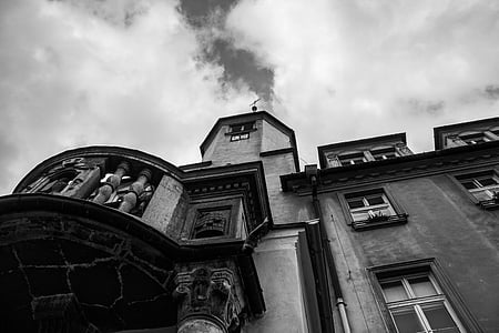 balcón, cielo, nubes, cielo, arquitectura, blanco y negro, antiguo