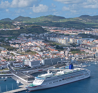iz zraka, Azorski otoci, brodovi, Portugal, luka, Ponta delgada, Gradski pejzaž