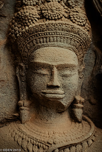 gezicht, masker, standbeeld, muur, steen, Cambodja, het platform