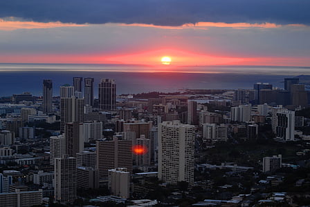 saulriets, krāsains, krēslas stundā, mākoņi, debesis, Hawaii, Honolulu