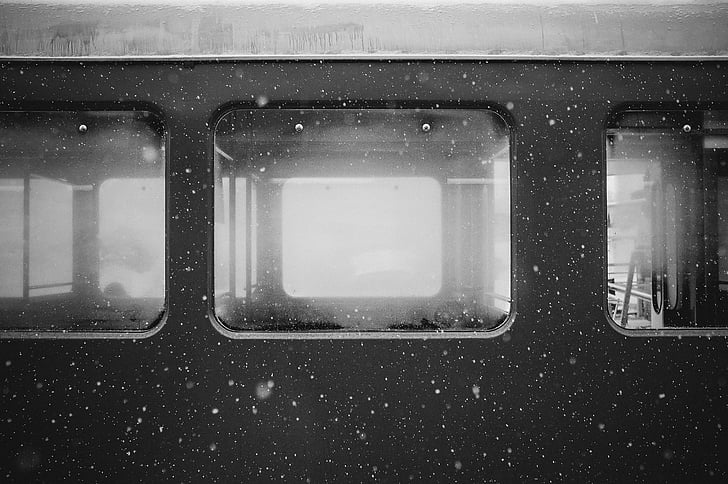 black-and-white, cold, drops of water, public transportation, raindrops, snow, snowflakes